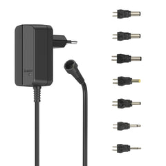 Hama Fuente de Alimentacion Multidispositivo - Potencia 7.2W - Indicador LED - 7 Adaptadores - Intensidad Maxima 0.6A - Voltaje Ajustable - Color Negro