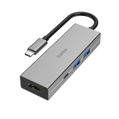 Hama Essential Hub USB 3.2 - Potencia Maxima 100W - Cable USB-C Integrado de 15cm - HDMI 4K - USB-C - 2x USB-A - Power Delivery - Color Gris