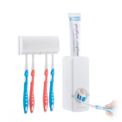 Innovagoods Diseeth Dispensador de Pasta Dental con Organizador para 5 Cepillos - Multifuncion - Facil Limpieza - Adhesivos de Calidad Incluidos - Color Blanco