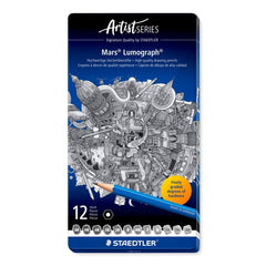 Staedtler Mars Lumograph 100 Caja Metalica con 12 Lapices de Grafito de Graduaciones 6B, 5B, 4B, 3B, 2B, B, HB, F, H, 2H, 3H, 4H - Alta Resistencia a la Rotura - Madera de Bosques Certificados