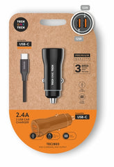 TechOneTech Cargador Doble de Coche + Cable USB-A a USB-C - Alto Rendimiento - Color Negro