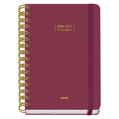 Dohe Premium Agenda Escolar 26/27 - Formato A5 - Dia Pagina - Papel Offset Ahuesado 80g - Cubierta de Carton Plastificado - Espiral Metalica Doble - Goma - 15x21x4cm - Color Burdeos