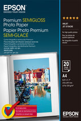 Epson Premium Semiglossy Photo Pack de 20 Hojas de Papel Fotografico - A4 - Gramaje de 251g/m2 - Acabado Semibrillante - Compatible con Impresoras Inkjet - Color Blanco