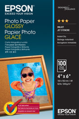 Epson Photo Glossy Pack de 100 Hojas de Papel Fotografico - 10x15cm - Gramaje de 200g/m2 - Acabado Brillante - Compatible con Impresoras Inkjet - Color Blanco