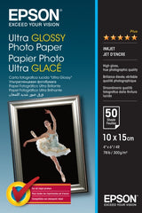 Epson Ultra Glossy Photo Pack de 50 Hojas de Papel Fotografico - 10x15cm - Gramaje de 300g/m2 - Acabado Brillante - Compatible con Impresoras Inkjet - Color Blanco