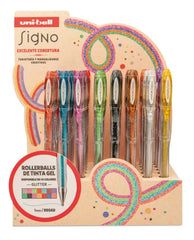 Uni-ball Signo Sparkling UM-120SP Expositor con 48 Rollers de Tinta Gel + 50 Tarjetas Kraft Gratis - Punta de Bola 1mm - Tinta Pigmentada Resistente al Agua y Luz - Efecto Purpurina - Color Violeta Parma
