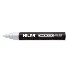 Milan Fluoglass Marcador para Superfícies Lisas - Ponta Biselada - Traço de 2 - 4mm - Tinta à Água - Fácil de Apagar - Cor Branco