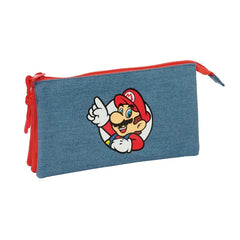 Safta Super Mario Portatodo - 3 Compartimentos con Cremallera - Bolsillo Interior Central - 22x12x3cm - Color Rojo y Azul