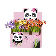 Bismark Animals Panda Boligrafo Tacto Soft con Flores y Cara de Panda - Punta Fina - Tinta Gel Color Negro - 6 Diseños Diferentes