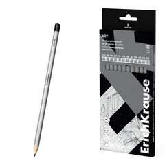 ErichKrause Art Pack de 12 Lapices de Grafito - Durezas Surtidas 5H-5B - Cuerpo Hexagonal - Pegado Completo de la Mina - Agarre Ergonomico - Color Plata