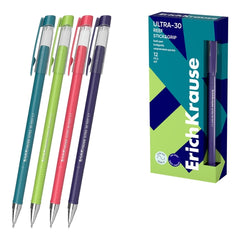 ErichKrause ULTRA-30 Stick and Grip Reef Stylo à Bille avec Capuchon - Modèles Assortis - Trait 0.26mm - Zone de Préhension en Caoutchouc - Encre à Faible Viscosité - Capuchon Ventilé - Couleur Bleu