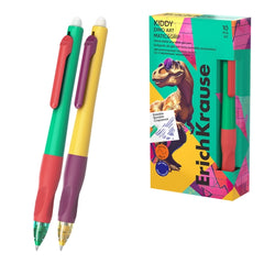 ErichKrause Kiddy Matic and Grip Dino Art Stylo Gel Effaçable - Modèles Assortis - Trait 0.4mm - Séchage Rapide - Zone de Préhension en Caoutchouc - Couleur Bleu