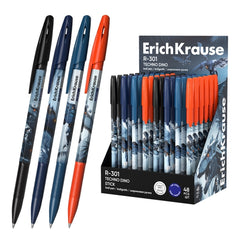 ErichKrause R-301 Stick Techno Dino Expositor con 48 Boligrafos con Capuchon - Modelos Surtidos - Trazo 0.35mm - Tinta de Secado Rapido - Tapa Ventilada - Color Azul