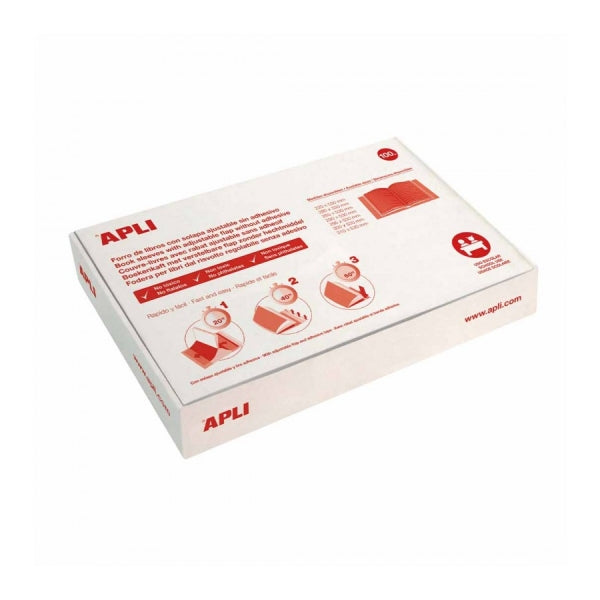 Apli Caja de 100 Forros para Libros 295mm PVC 130 micras - Solapa Autoajustable - Facil Forrado en 3 Pasos - Transparente