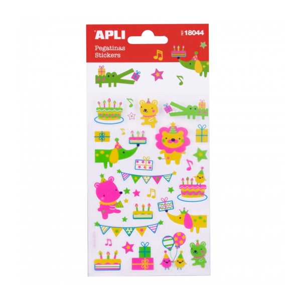 Apli Bolsa de Pegatinas Animales y Fiesta de Cumplea�os - Acabado Neon - Adhesivo Permanente - Ideal para Scrapbooking y Decoracion - Estimula Creatividad y Psicomotricidad Fina