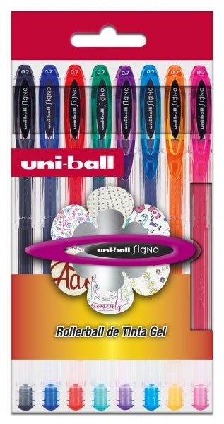 Uni-ball Signo Basico Pack de 8 Boligrafos de Tinta Gel - Punta de Bola 0.7mm - Tinta Resistente al Agua y Luz - Colores Surtidos