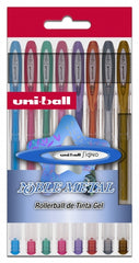Uni-ball UM-120 NM Signo Noble Metal Pack de 8 Boligrafos de Tinta Gel - Punta de Bola 0.8mm - Tinta Resistente al Agua y Luz - Escribe en Papel Negro y Blanco - Colores Metalicos Surtidos