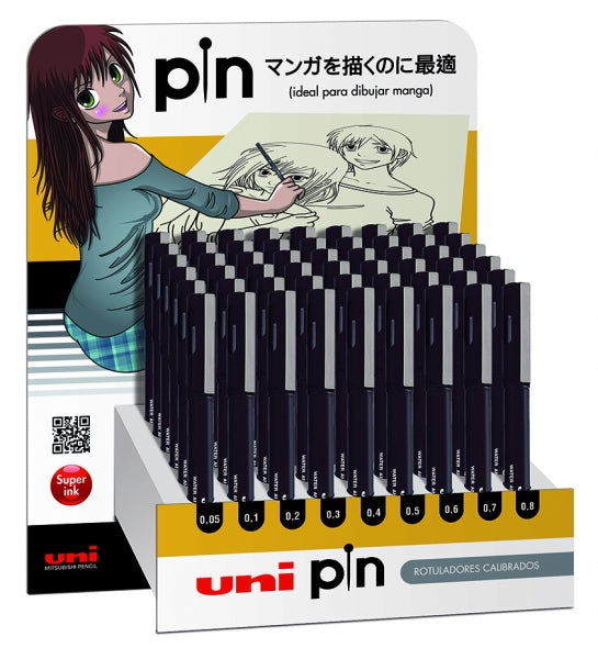 Uni-ball PIN Expositor de 54 Rotuladores Calibrados - Punta Poliacetal - Tinta Pigmentada Resistente al Agua y Luz - Color Surtido