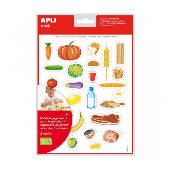 Apli Bolsa de Gomets Tematicos Alimentos Saludables - Adhesivo Removible - Ilustraciones Divertidas - Fomenta Habilidades Motoras