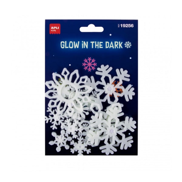 Apli Pack con 12 Copos de Nieve Luminiscentes 3D - Plastico Solido - Brillan en la Oscuridad - Adhesivo Permanente - Dise�os y Tama�os Surtidos
