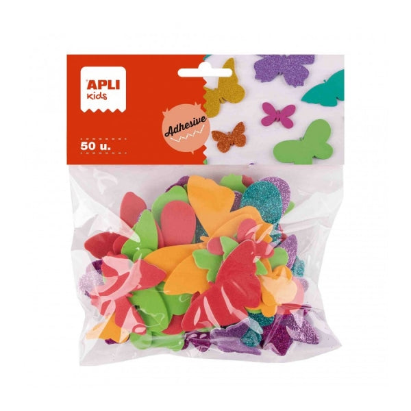 Apli Pack de 50 Mariposas de Goma EVA - Tama�os Surtidos - 6 Formas - con Purpurina - Ideal para Manualidades y Tarjetas - Colores Surtidos