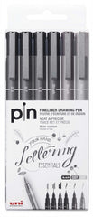 Uni-ball Uni Pin Pack de 6 Rotuladores Calibrados 0.3, 0.7, 1.2, Brush - Punta Poliacetal - Tinta Pigmentada Resistente al Agua y Luz - Ideal para Dibujo Profesional y Escritura - Colores Negro y Gris