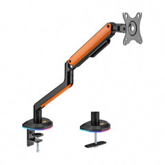 Suporte de mesa para jogos Aisens RGB para monitor/TV - Giratório e inclinável - Iluminação RGB - Aço e alumínio - Compatível com Vesa - Carga máxima 9Kg - Braço articulado - Sistema de gerenciamento de cabos - Cor Preto/Laranja