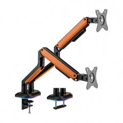 Suporte de mesa RGB para jogos profissionais Aisens - Rotativo e inclinável - Aço de alta resistência - Iluminação ambiente - Compatível com Vesa - Carga máxima 9Kg - Sistema de gerenciamento de cabos - Cor preta/laranja