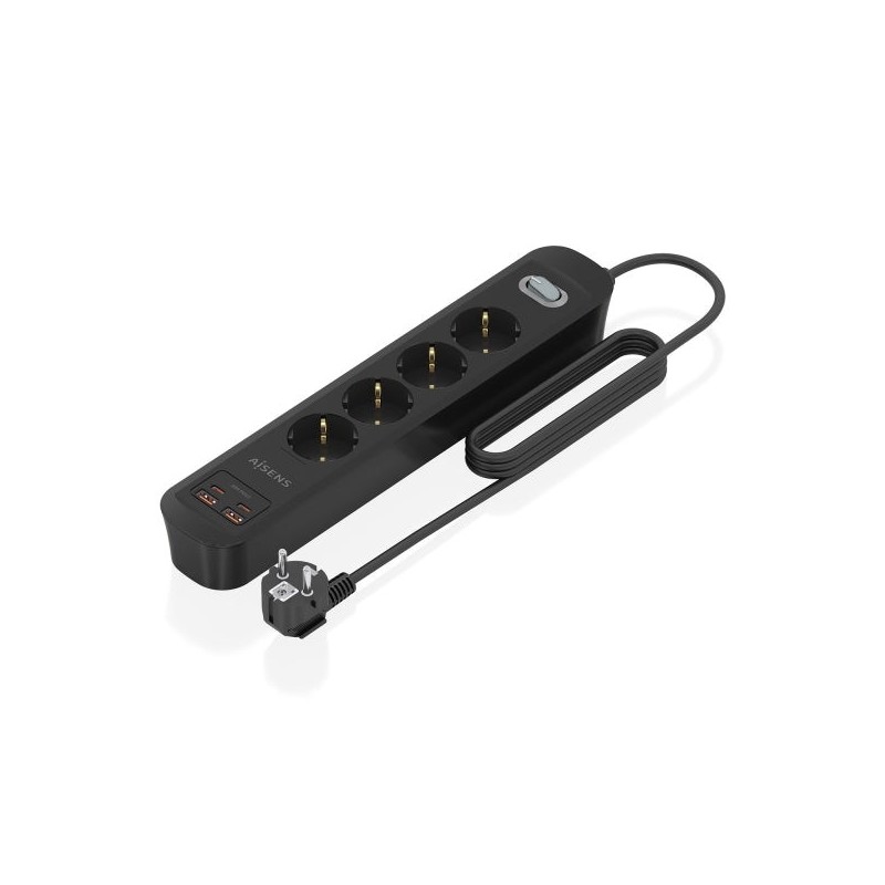 Aisens Power Strip com 4 tomadas Schuko - 2xUSB-C - 2xUSB-A - Cabo de 1,4m - Switch com indicador LED - Power Delivery