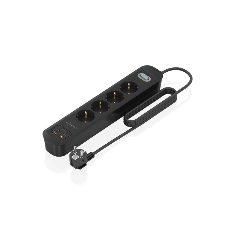 Aisens Power Strip com 4 tomadas Schuko - 2xUSB-C - 2xUSB-A - Cabo de 1,4m - Switch com indicador LED - Power Delivery