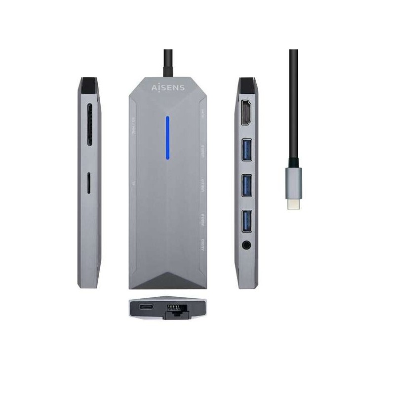Aisens Dock Hub USB-C 3.0 9 en 1 avec 3x USB-A 3.0, 1x HDMI 1x RJ45, 1x PD 100W, 1x Audio 3,5 mm, 1x Lecteur SD, 1x Lecteur