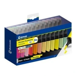 Bismark Long-Life Set de Table avec 24 Mini Marqueurs Fluorescents - 12x Néon et 12x Pastel - Encre à Séchage Rapide - Pointe