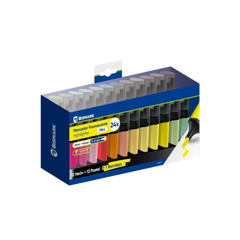 Bismark Long-Life Desk Set with 24 Mini Highlighter Markers - 12x Neon and 12x Pastel - Fast Drying Ink - Chisel Tip - Ideal
