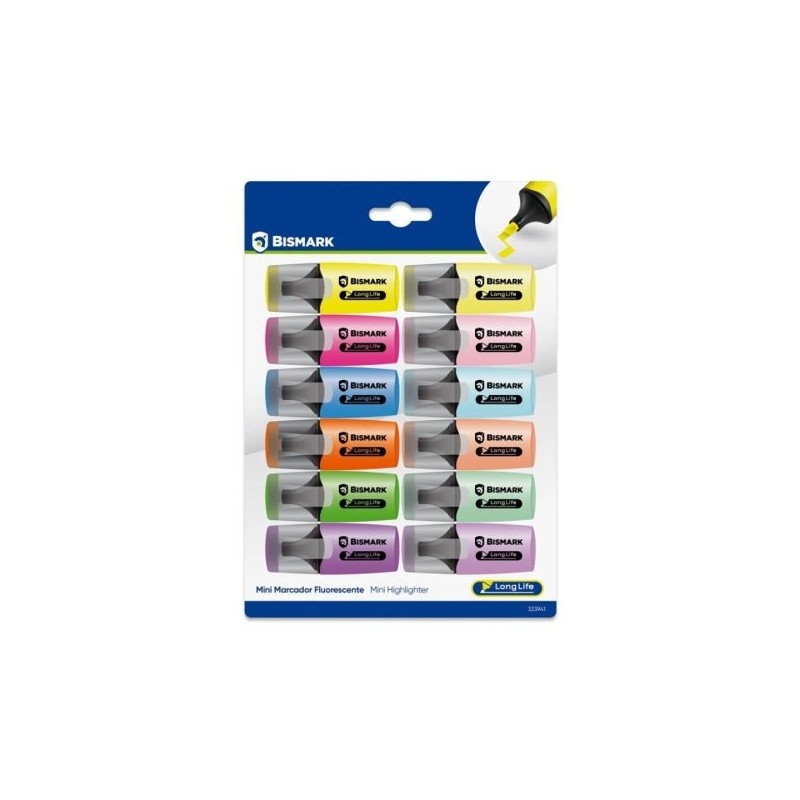 Bismark Long-Life Pack de 12 Mini Marcadores Fluorescentes - 6x Neon y 6x Pastel - Tinta de Secado Rapido - Punta Biselada