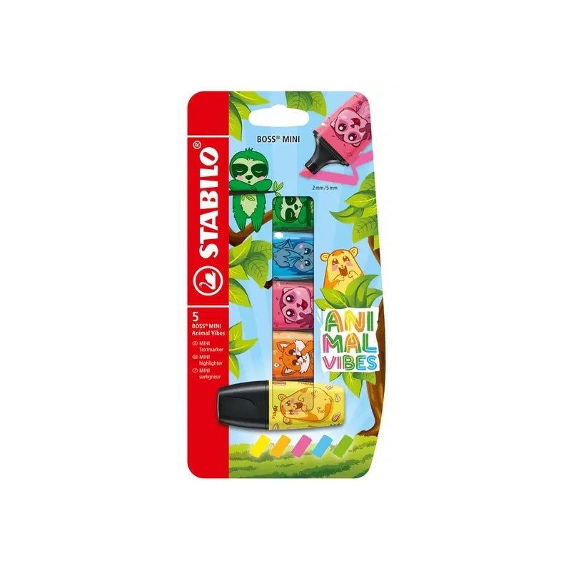 Stabilo Boss Mini Animal Vibes Pack of 5 Mini Highlighters - 2 to 5mm Line - Water-Based Ink - Anti-Dry-Out - Assorted Colours