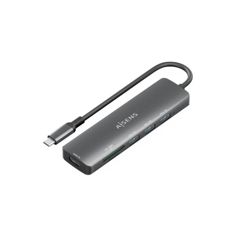 Aisens USB-C Dock 6 en 1 - USB-C a 1xHDMI - 3xUSB-A - 1xSD - 1xMicroSD - 15cm - Color Gris