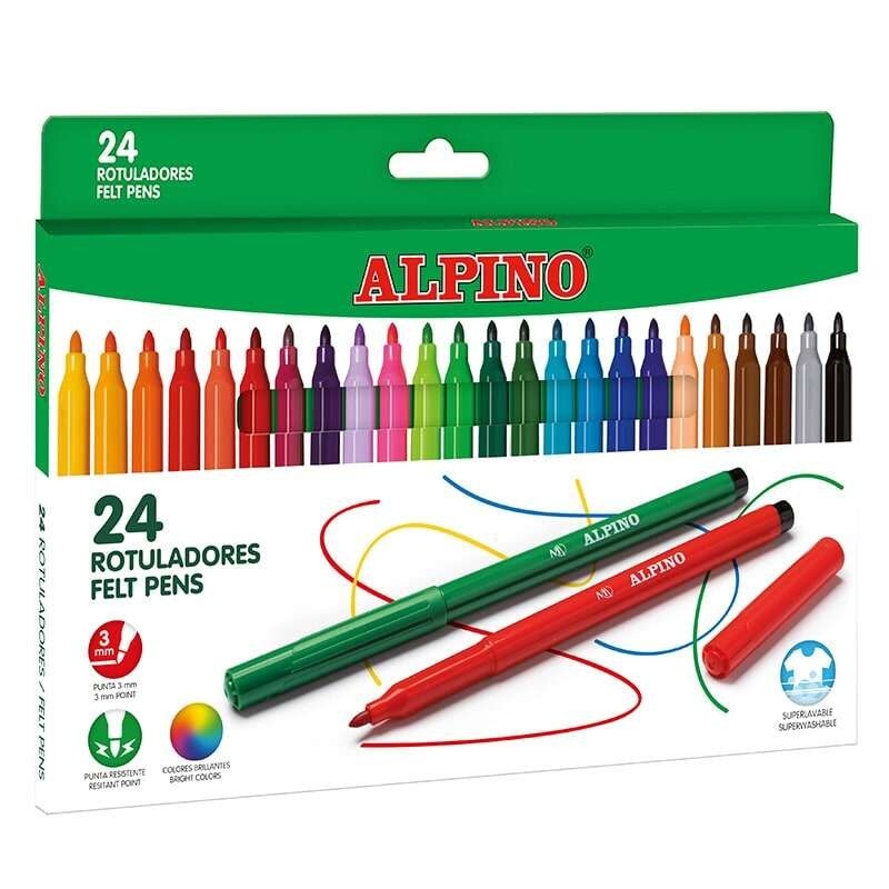 Alpino Pack con 24 Rotuladores de Colores - Punta de 3mm - Superlavables y Brillantes - Uso Escolar - Desarrolla la Creatividad