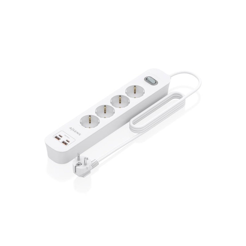 Aisens Power Strip with 4 Schuko Outlets - 2xUSB-C - 2xUSB-A - 1,4m Cable - Switch with LED Indicator - Power Delivery