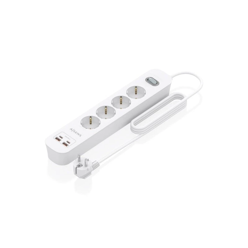 Aisens Regleta con 4 Tomas Schuko - 2xUSB-C - 2xUSB-A - Cable de 1.4m - Interruptor con Indicador LED - Power Delivery