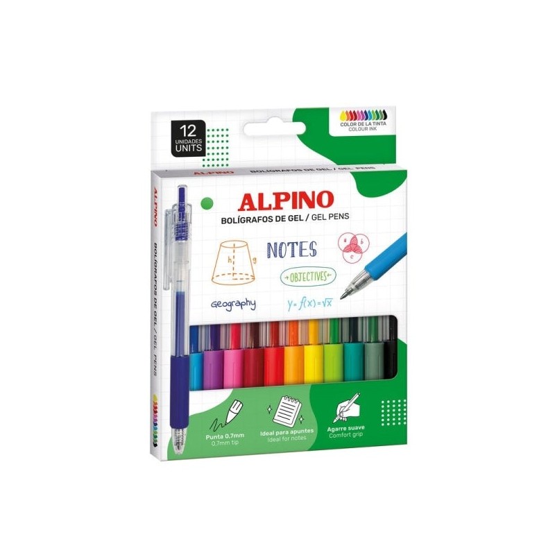 Alpino Line Gel Pack avec 12 Stylos à Bille Gel Rétractables - Pointe 0.7mm - Grip de Prise en Main - Couleurs Assorties