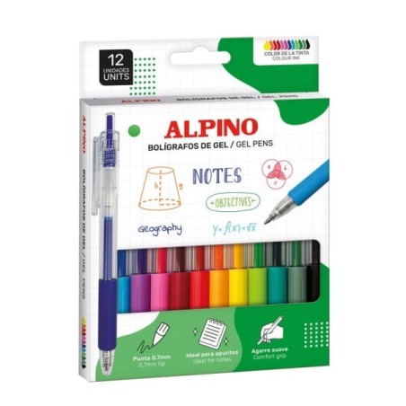 Alpino Line Gel Pack com 12 Esferográficas Retráteis de Tinta Gel - Ponta 0.7mm - Grip de Preensão - Cores Sortidas