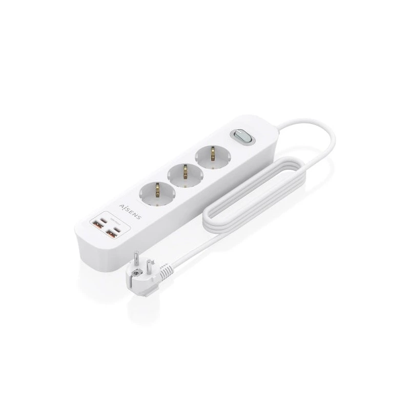 Aisens Power Strip with 3 Schuko Outlets - 2xUSB-C - 2xUSB-A - 1,4m Cable - Switch with LED Indicator - Power Delivery 3,0