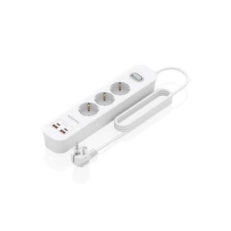 Aisens Regleta con 3 Tomas Schuko - 2xUSB-C - 2xUSB-A - Cable de 1.4m - Interruptor con Indicador LED - Power Delivery 3.0