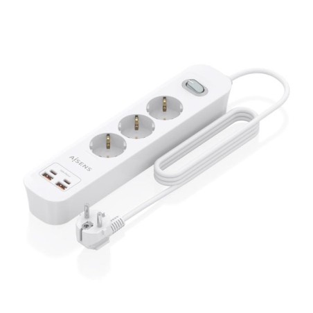 Aisens Regleta con 3 Tomas Schuko - 2xUSB-C - 2xUSB-A - Cable de 1.4m - Interruptor con Indicador LED - Power Delivery 3.0