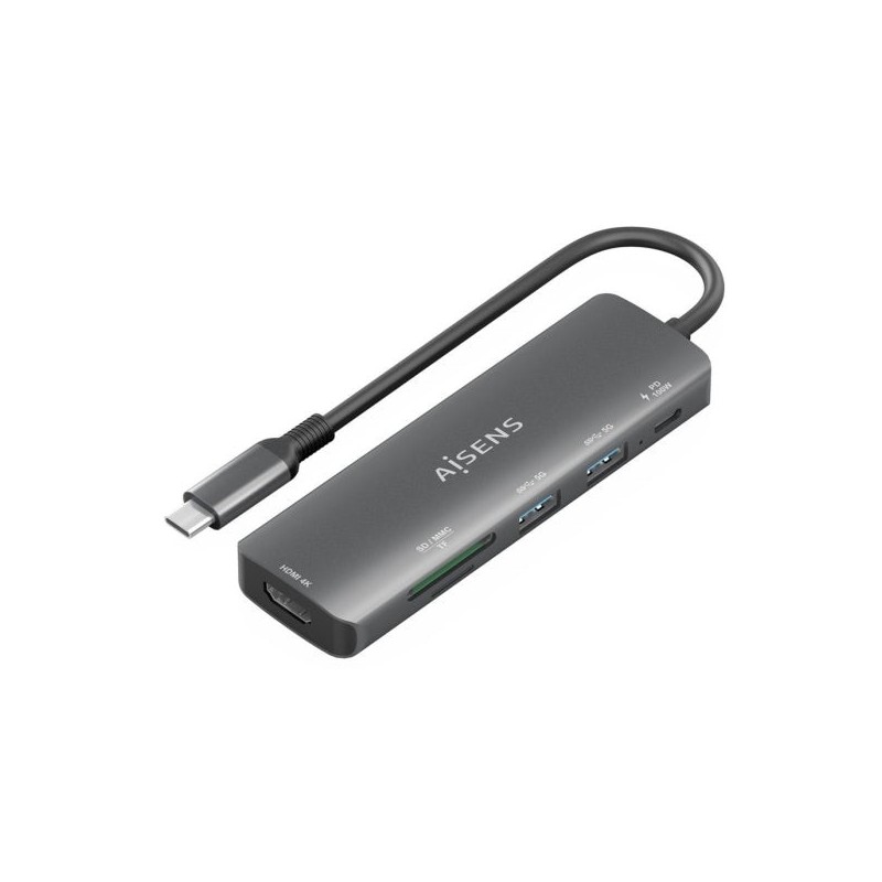 Aisens USB-C Dock 6 en 1 - USB-C a 1xHDMI - 2xUSB-A - 1xUSB-C PD 100W - 1xSD - 1xMicroSD - 15cm - Color Gris