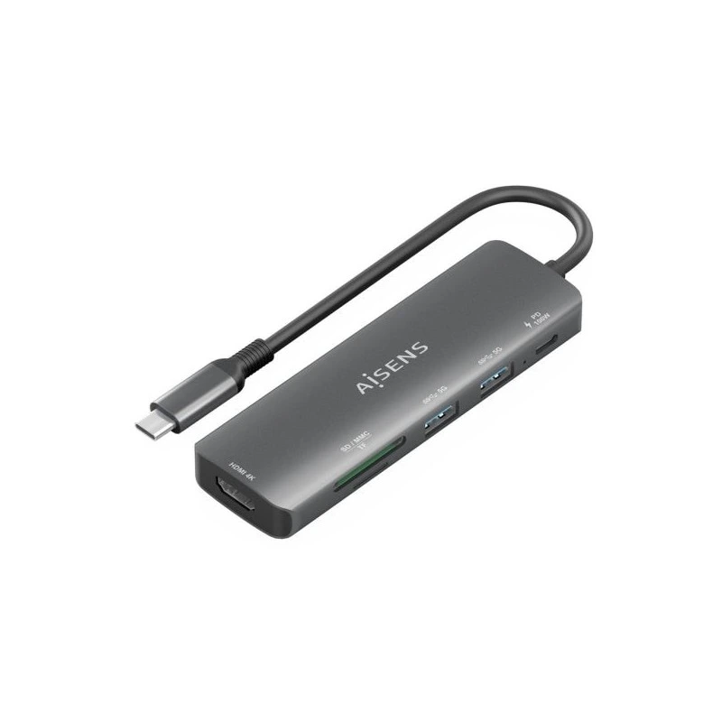 Aisens USB-C Dock 6 en 1 - USB-C a 1xHDMI - 2xUSB-A - 1xUSB-C PD 100W - 1xSD - 1xMicroSD - 15cm - Color Gris