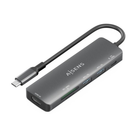 Aisens USB-C Dock 6 en 1 - USB-C a 1xHDMI - 2xUSB-A - 1xUSB-C PD 100W - 1xSD - 1xMicroSD - 15cm - Color Gris