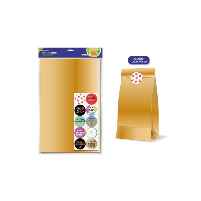 Bismark Pack of 10 Kraft Paper Envelopes 50grs with 10 Stickers for Closing - Measurements 30x47x8cm - Ideal for Gifts - Gold