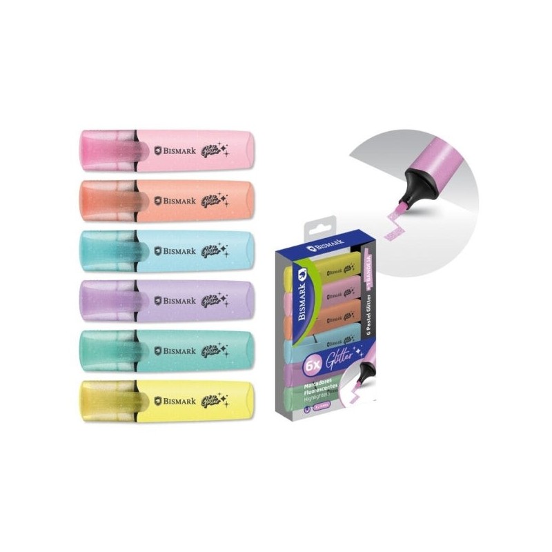 Bismark Pack de 6 Marcadores Fluorescentes Glitter Pastel - Tinta de Secado Rapido - Punta Biselada - Ideal para Subrayar y