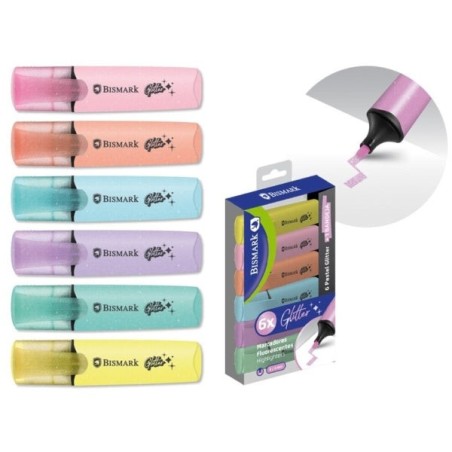 Bismark Pack de 6 Marcadores Fluorescentes Glitter Pastel - Tinta de Secado Rapido - Punta Biselada - Ideal para Subrayar y